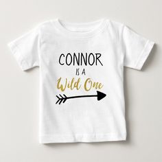 Very simple but cute wild one 1st birthday t-shirt. An ideal t-shirt for your little wild one 1st birthday party. The word wild one has a faux gold texture applied to it and can't be altered but the remaining text is editable. A cute hand drawn arrow sits directly below the faux gold words. This wild one 1st birthday t-shirt is ready to be personalized. Second Baby Announcements, Wild One 1st Birthday, Baby Birthday Invitations, Baby Boy T Shirt, Baby Boy Shirts, 1st Birthday Shirts, First Birthday Shirts, Personalized Baby Boy, Fashionable Baby Clothes