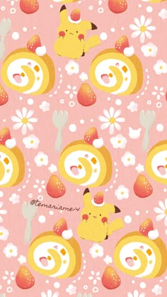 a pink background with yellow and white cartoon animals on it's sides, surrounded by flowers