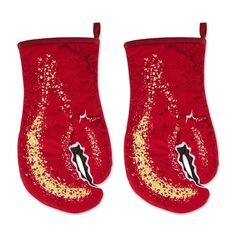 pair of red oven mitts with gold stars and lightning on the bottom, one has an embroidered lightning logo