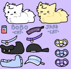 various types of cat related items on a purple background