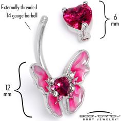 Product DetailsPink CZ Gem Butterfly Love Heart Double Mount Belly Ring Let love give you butterfly wings with this 14 gauge navel ring. It is made with a 3/8 inch 316L surgical grade stainless steel curved barbell. The top end features a pink cubic zirconia gem, shaped like a heart. The bottom end features a matching heart shaped pink cubic zirconia gem. It is flanked on either side with butterfly wings, with pink inlay. You will feel ready to fly away with this heart and butterfly themed belly piercing ring. Specifications: 14 Gauge (1.6mm), 3/8" (10mm), 316L Surgical Grade Stainless Steel Curved Barbell, Cubic Zirconia  | Belly Button Rings (Cute And Sexy) - When You're Searching For The Newest Belly Ring For Your Favorite Body Piercing, There's No Better Place To Look Than Right Here! Pink Heart-shaped Belly Rings For Gift, Heart-shaped Pink Belly Rings For Gift, Pink Heart Belly Rings For Valentine's Day, Pink Heart Shaped Body Jewelry For Gift, Pink Heart-shaped Body Jewelry For Gift, Pink Heart Body Jewelry For Gift, Pink Body Jewelry For Valentine's Day Gift, Pink Heart-shaped Body Jewelry For Valentine's Day, Gem Butterfly