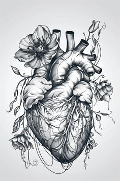 a drawing of a heart with flowers and vines on it's side, in black and white