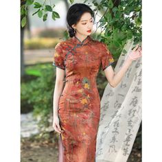 Vintage Autumn Cheongsam Dress Elevate your style with our elegant Vintage Autumn Cheongsam Dress. Made with high-quality materials, this dress exudes vintage charm and embraces the beauty of autumn. Perfect for any occasion, this dress will make you stand out with its intricate details and timeless design. Size Chart (cm) Bust Waist Hip Shoulder Width Dress Length S 82 66 86 36 120 M 86 70 90 37 120 L 90 74 94 38 120 XL 94 78 98 39 120 2XL 98 82 102 40 120 3XL 102 86 106 41 120 Elegant Fitted Cheongsam With Floral Print, Red Elegant Vintage Dress With Short Sleeves, Elegant Red Vintage Dress With Short Sleeves, Elegant Brown Vintage Dress, Elegant Long Cheongsam For Summer, Elegant Long Summer Cheongsam, Fall Floral Print Dress With Stand Collar, Elegant Floral Print Spring Cheongsam, Elegant Floral Print Cheongsam For Spring