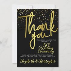 a black and gold wedding thank card with the words, thank you in gold foil