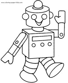 a coloring page with a cartoon robot holding a piece of paper and pointing to the side