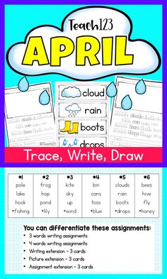 a poster with words and pictures for the month of march, including raindrops