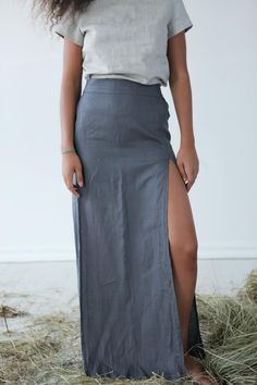 Maxi linen skirt by Black Ficus Sustainable fashion . . #Skirts #MaxiLinenSkirt, #Grayorganicskirt #Longskirt, #Bohoskirt, #Giftforher,  #Skirtwithslits, #Flaxskirt,  #sexylinenskirt, #Beachskirtwomens, linenskirtminimalism, skirtlinenfashion #organic, #linenstyle, #sustainablefashion #ecofriendlybrand #naturallinen Spring Maxi Skirt With Split Design, Bohemian Linen Maxi Skirt For Beach, Fitted Linen Maxi Skirt For The Beach, Summer Full-length Maxi Skirt With Side Slits, Summer Full Length Maxi Skirt With Side Slits, Spring Skirt With Side Slits And Split Hem, Relaxed Fit Skirt With Side Slits And Split Hem, Spring Split Hem Relaxed Skirt, Fitted Maxi Skirt With Split Design