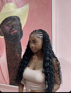 Top Of Head Braid Half Up, Baddie Braids Ideas, Fulani Braids With Crochet Curls, Fulani Braids With Curly Hair In The Back, Vacation Hair Ideas Black Women, Braid Front Curly Back, Braided Cornrow Hairstyles With Curls, Cornrows In Front Curly In Back, Cornrow Weave Hairstyles