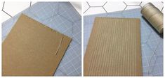 two pictures showing the process of making a cardboard board with scissors and thread on it