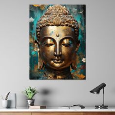 a golden buddha statue sitting on top of a wooden table next to a plant and potted