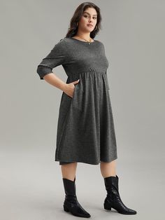 Shop Plain Textured Pocket Elastic Waist Gathered Dress now and redefine your style with confidence at BloomChic. Tailored for mid and plus-size women. This trendy Dress, sizes 10-30. You can never go wrong with BloomChic Dresses. Season:Winter;Color:DarkGray;Style:Casual;Neckline:Round Neck;Sleeve Type:Regular Sleeve;Pattern Type:Plain;Details:Pocket, Elastic Waist, Plain, Texture;Pocket:It is perfectly sized to carry a phone.;Belt:No-belt Plus Size Beautiful Winter Dresses Casual, Dresses With Leggings Winter Plus Size, Casual Dress Fall Plus Size, Casual Dresses For Winter Plus Size, Plus Size Dress And Leggings, Plus Size Fall Dresses Work, Casual Winter Dresses Plus Size, Winter Dresses For Work Plus Size, Bloomchic Dresses