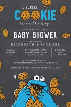 Cookie Monster Chalkboard Baby Shower Invitation Invite all your family and friends to your Baby Shower with these chalkboard invitations featuring Cookie Monster. Personalize by adding all your shower details! Cookie Monster Decorations, Monster Invitations, Angel Baby Shower, Monster Baby Showers, Sesame Workshop, Chalkboard Baby, Baby Shower Venues, Cookie Monster Party