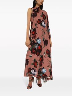 Spring Floral Print One-shoulder Dress, Chic Floral Embellished Maxi Dress For Spring, Elegant Rose Print Maxi Dress, Spring Party Rose Print Maxi Dress, Spring Floral Long Evening Dress, Elegant Maxi Dress With Rose Print, Floral Print One Shoulder Spring Dress, Long Floral Dress For Spring Evening, Chic Rose Print Maxi Dress