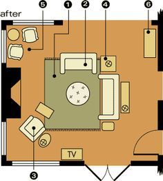 the floor plan for a small living room with furniture and decorating elements labeled below