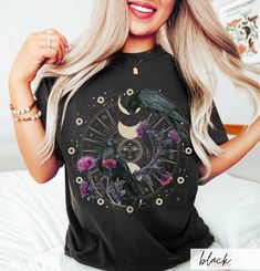 Celestial Ravens and Thistles Comfort Colors Shirt Bird Lover - Etsy Black Bohemian Top For Halloween, Black Bohemian Tops For Halloween, Black Bohemian Top For Alternative Fashion, Festival Fairy Grunge Crew Neck Top, Mystic Mama, Ice Cream Gift, Favorite Questions, Comfort Colors Shirt, Bird Lover