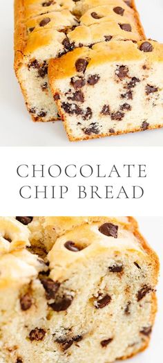 chocolate chip bread cut in half and stacked on top of each other with text overlay