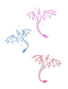 three different colored dragon drawings on a white background