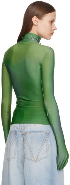 Stretch nylon jersey turtleneck. · Graphics printed at front · Logo flag at front hem · Concealed zip vent at sleeves · Integrated gloves · Unlined Supplier color: Green Green Funnel Neck Spring Top, Fitted Green Funnel Neck Top, Printed Turtleneck, Jersey Turtleneck, Gloves, Turtle Neck, Flag, Luxury Fashion, ? Logo