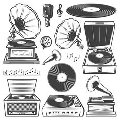 an old fashioned record player, turntable and other musical instruments in black and white