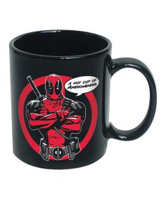 a black coffee mug with a deadpool comic character on it