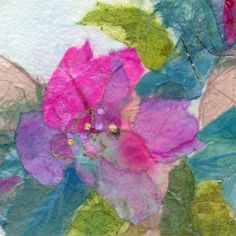 an abstract painting of pink flowers and green leaves