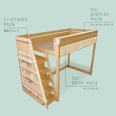 an image of a loft bed with stairs and book rack on the bottom level, labeled