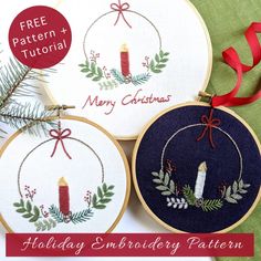 three embroidered christmas ornaments with red ribbon on them