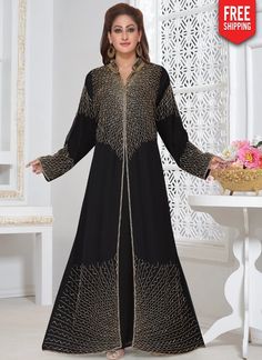 Party Wear Jacket Style Kaftan Black, Georgette Fabric, Handmade, Golden Embroidered, Dubai, Kaftans, XS, S, M, L, XL, 2XL, 3XL, 4XL, 5XL, 6XL, 7XL – Arabic attire Luxury Dabka Work Tunic For Festive Occasions, Luxury Gold Thobe For Festive Occasions, Luxury Party Thobe, Luxury Dabka Tunic For Eid, Luxury Bollywood Style Abaya For Party, Luxury Traditional Evening Thobe, Luxury Elegant Evening Thobe, Luxury Gold Party Thobe, Luxury Gold Kaftan With Dabka Embroidery