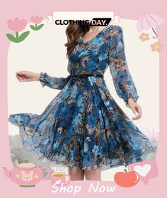 Ladies Elegant Casual Print Dress Blue Long Sleeve Chiffon Dress For Spring, Elegant Long Sleeve Blue Floral Dress, Elegant Blue Long Sleeve Floral Dress, Elegant Blue Floral Long Sleeve Dress, Casual Knee-length Chiffon Dress For Fall, Casual Chiffon Dress For Fall Party, Flowy Knee-length Chiffon Dress For Fall, Casual Chiffon Party Dress For Fall, Spring Knee-length Chiffon Dress