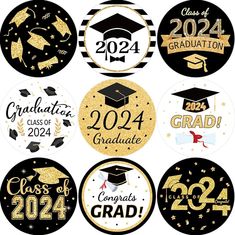 graduation stickers with gold glitter and black caps on them, including the class of 202