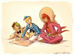 three cartoon characters sitting on the ground together