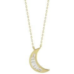 Add to your celestial style with this cubic zirconia moon pendant necklace by Sunkissed Sterling. Add to your celestial style with this cubic zirconia moon pendant necklace by Sunkissed Sterling. Metal: sterling silver Chain length: 16 in. + 2-in. extender Packaging: pouch Plating: rhodium, 14k gold Finish: polished Pendant style: 0.55"L x 0.8"W Chain type: cableSTONE DETAILS Stone type: cubic zirconia Shape: baguette Setting: bezel Gemstones may have been treated to enhance their appearance. Sp Crescent Moon Charm Diamond Necklace For Gift, Celestial Moon Charm Necklace In Cubic Zirconia, Celestial Cubic Zirconia Necklace With Moon Charm, Cubic Zirconia Moon Charm Necklace With Round Pendant, Cubic Zirconia Pendant Necklace With Moon Charm, Elegant Necklace With Moon Charm In Cubic Zirconia, Elegant Necklace With Moon Charm And Cubic Zirconia, Cubic Zirconia Moon Charm Necklace, Elegant Cubic Zirconia Necklace With Moon Charm