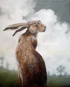 a painting of a brown rabbit standing on its hind legs in front of a cloudy sky