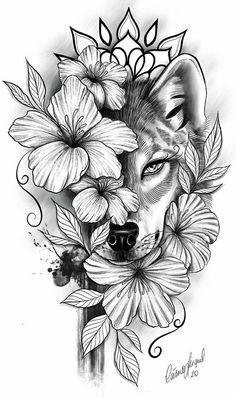 a black and white drawing of a wolf with flowers on it's head, surrounded by leaves