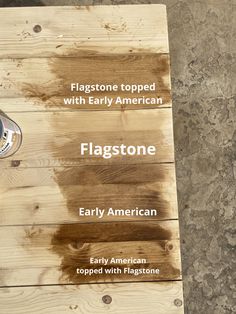 a person standing on top of a wooden floor next to a sign that says flagstone