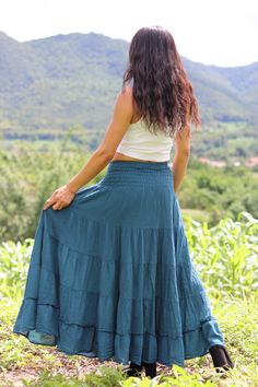 All items are shipped by Thailand Post .Free upgrade to D.H.L. Express when you buy 2 items or more. The USA only Please leave a phone number with orders . This lovely Boho long skirt is made from 100% cotton soft and very comfortable .The skirt is in three tiers and has a full elastic waist band . A great piece to wear with a tight or cropped top . Its is very comfy to wear and easy to care for just wash cold cycle hang to dry or tumble dry low . Waist 24'' inches - 48'' inches Hips 54'' inches Boho Long Skirt, Long Boho Skirt, Long Blue Skirts, Teal Skirt, Modest Skirt, Skirts Flowy, Full Length Skirt, Maxi Skirt Boho, Boho Skirt