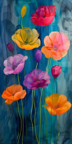 an oil painting of colorful flowers on a blue background