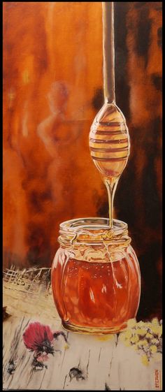 a painting of a honey jar with a candle