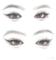 three different types of eyes with long lashes and red eyeliners, one in the middle