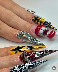 Chunky Acrylic Nails, Exotic Halloween Nails, Crazy Neon Nails, Punk Nails Designs, Clown Core Nails, Rolling Loud Nails, Halloween Junk Nails, Punk Nails Acrylic