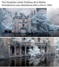 an old castle is shown with snow on it and in the background, there are trees