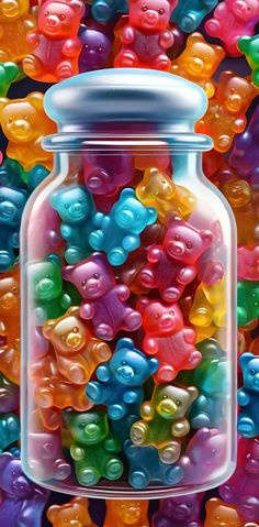 a jar filled with gummy bears sitting on top of a pile of other gummy bears