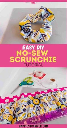 an easy diy no sew scrunchie is shown with scissors and tape