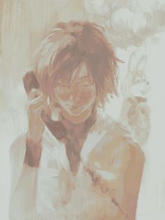 a painting of a man holding a cell phone to his ear