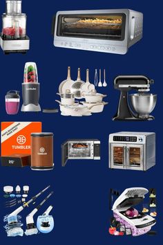 an assortment of kitchen appliances and cooking utensils