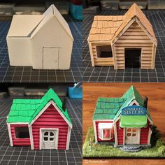 several small houses made out of paper on a table