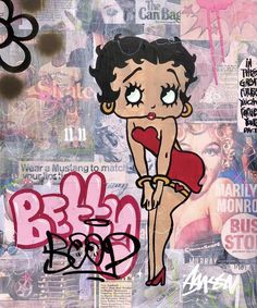 an image of a woman in red dress on the side of a wall with graffiti