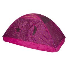 a pink and purple tent with stars on the front, sitting against a white background