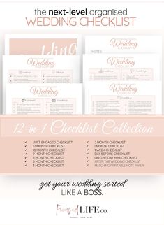 the wedding checklist is displayed on a white background with pink accents and text that reads,