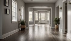 an empty hallway with two potted plants on either side of the door and windows